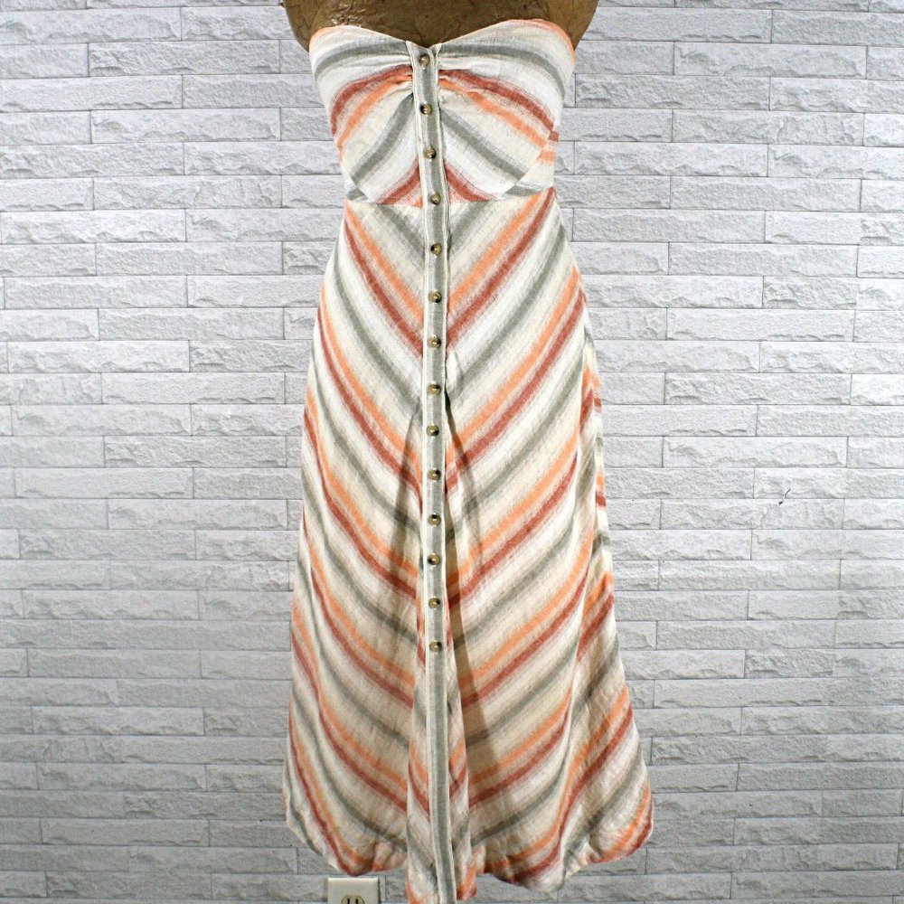 FREE PEOPLE Dress Striking Stipe Linen Cotton Strapless Sundress Peach X-Small